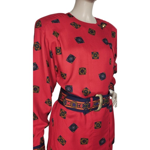 VTG 90s Liz Claiborne Medallion Print High Shoulder Skirt Blouse Belt Size 10 - Picture 5 of 13